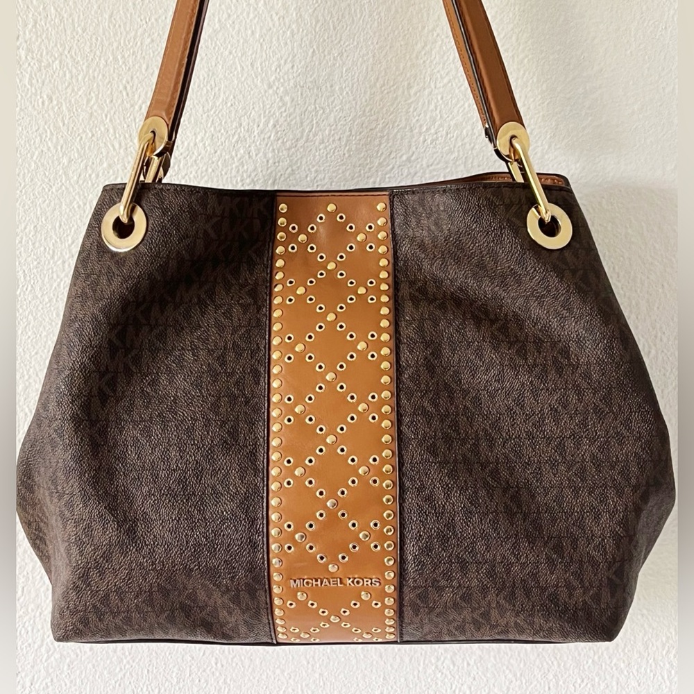 Michael Kors Brown Signature Coated Canvas Raven Large Purse Tote Bag - Picture 1 of 16